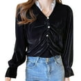 thumbnail image 1 of Olyvenn Women's V-Neck Fall Fashion Velvet Blouse Loose & Stylish Drop-Shoulder Long-Sleeve Ruched Solid Color Shirts Black XL, 1 of 5
