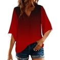 thumbnail image 1 of Olyvenn Women's V-Neck Gradient Color Block Bell Sleeve Top Casual Loose Fit Asymmetric Hem Blouse Wine L, 1 of 7