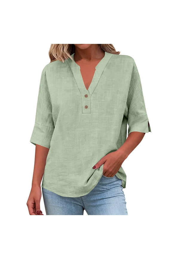 Women's V-Neck Henley 3/4 Sleeve Solid Color Linen Blouse Casual Loose Fit Split Cuff Tops Green XXXL