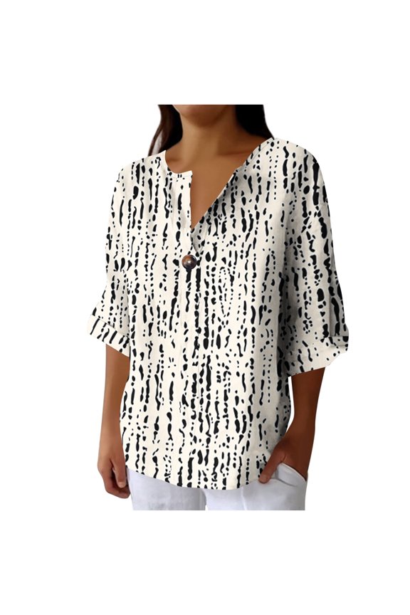 Women's V-Neck Single Button Black White Abstract Brush Stroke Linen Blouse Casual Half Sleeve Loose Tops Beige S