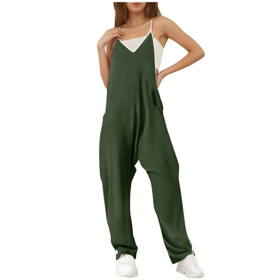 Olyvenn Women's V Neck Sleeveless Jumpsuits Spaghetti Straps Harem Long Pants Overalls with Pockets Wide Leg Suspender Jumpsuits Army Green 10