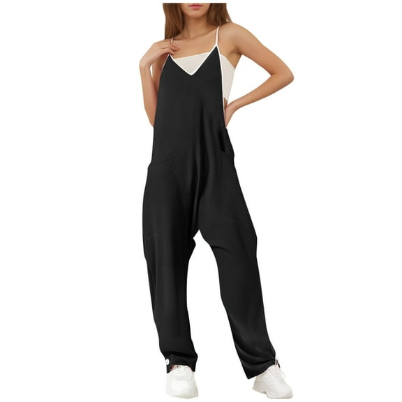 Olyvenn Women's V Neck Sleeveless Jumpsuits Spaghetti Straps Harem Long Pants Overalls with Pockets Wide Leg Suspender Jumpsuits Black 10