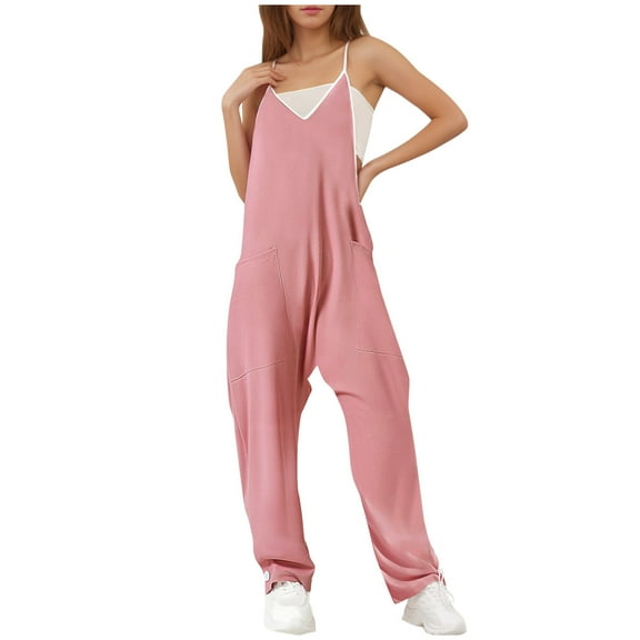 Olyvenn Women's V Neck Sleeveless Jumpsuits Spaghetti Straps Harem Long Pants Overalls with Pockets Wide Leg Suspender Jumpsuits Pink 8