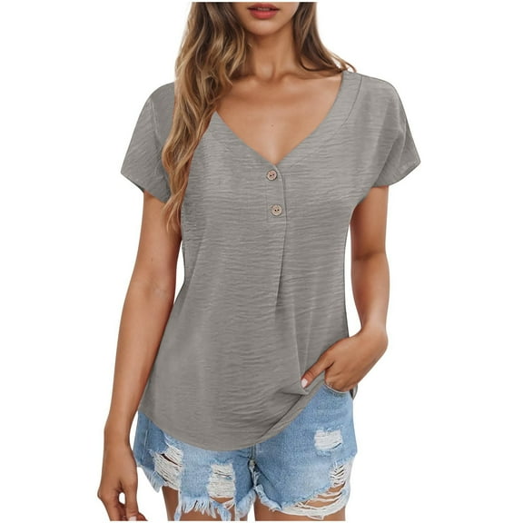 Olyvenn Women's V Neck Summer Tops Casual Loose Fit Henley Shirts Button Down T Shirts Tunics Solid Color Basic Tee Shirts Gray XL