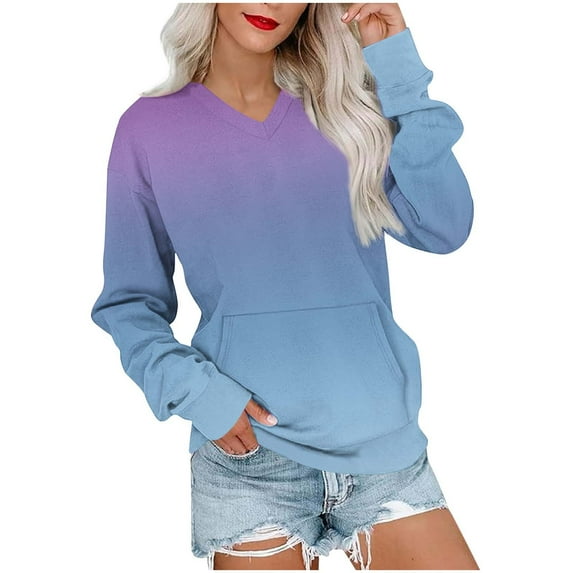 Olyvenn Women's V Neck Sweatshirts Tie Dye Gradient Long Sleeve Shirts Casual Fleece Pullover Fall Fashion Tops with Pocket Navy L