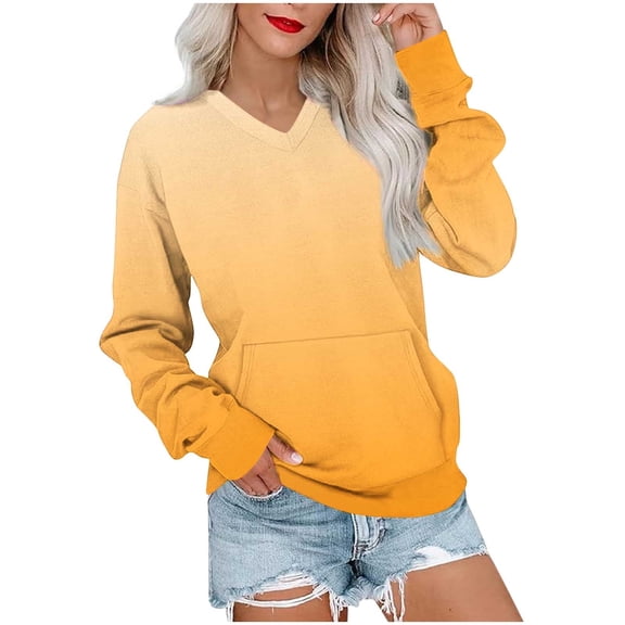 Olyvenn Women's V Neck Sweatshirts Tie Dye Gradient Long Sleeve Shirts Casual Fleece Pullover Fall Fashion Tops with Pocket Yellow XL