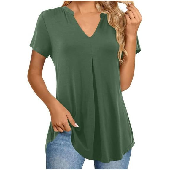 Olyvenn Women's V Neck T-Shirts Casual Summer Fashion Loose Fit Short Sleeve Solid Color Pleated Tops Basic Tees Army Green M