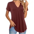 thumbnail image 1 of Olyvenn Women's V Neck T-Shirts Casual Summer Fashion Loose Fit Short Sleeve Solid Color Pleated Tops Basic Tees Wine XL, 1 of 8