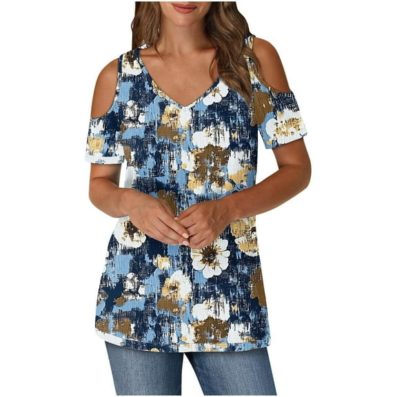Olyvenn Women's V Neck Tunic Top Floral Print Cold Shoulder Tshirt Short Sleeve Casual Blouse for Leggings Navy XL