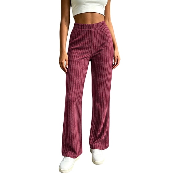 Olyvenn Women's Vertical Rib Knit Flare Pants, High Elastic Waist, Slimming Fashion Casual Trousers Wine XL