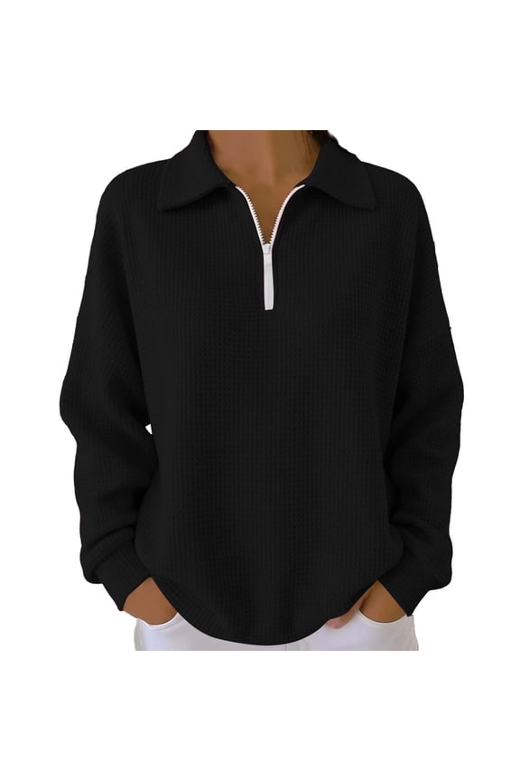 Women's Waffle Knit Top 1/4 Zip Pullover Textured Sweatshirt Long Sleeve Loose Fit Casual Waffle Tunic Tops Black M