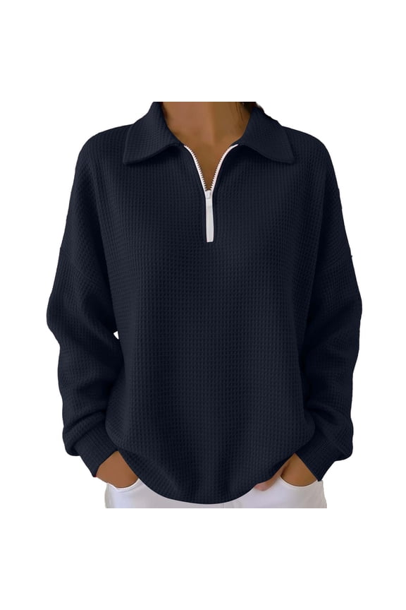 Women's Waffle Knit Top 1/4 Zip Pullover Textured Sweatshirt Long Sleeve Loose Fit Casual Waffle Tunic Tops Navy L