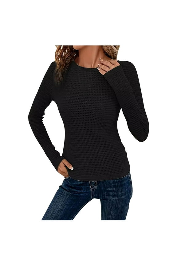 Women's Waffle Knit Tops Long Sleeve Shirts Slim Fitted Pullover Crewneck Shirt Fashion Spring Fall Tops 2025 Slim Y2k Sweater Top Black 8