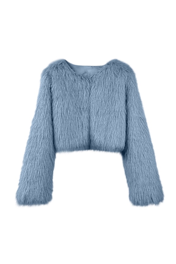 Women's Warm Fluffy Faux Fur Cropped Jackets Shaggy Short Coats Fuzzy Overwear Winter Parka Overcoat Blue S