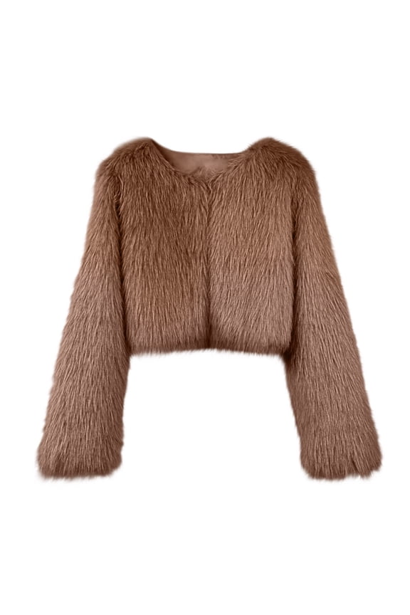 Women's Warm Fluffy Faux Fur Cropped Jackets Shaggy Short Coats Fuzzy Overwear Winter Parka Overcoat Khaki L