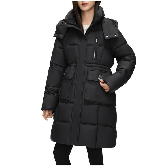 Olyvenn Women's Warm Thickened Parka Coat Winter Puffer Jacket Quilted Outerwear Jacket with Removable Hood Black XXL