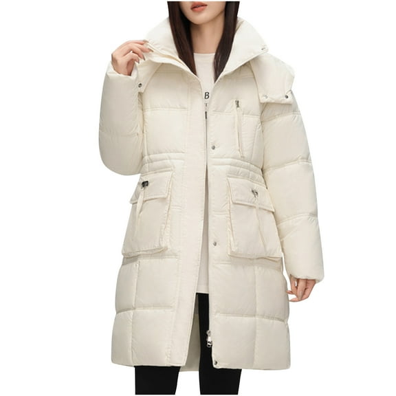 Olyvenn Women's Warm Winter Down Puffer Jackets Comfy Thicken Snow Parka Quilted Jackets Oversized Long Trench Padded Coats Beige XL