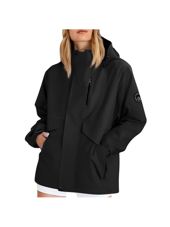 Women's Waterproof Rain Jacket Plus Size Lightweight Hooded Raincoats Running Hiking Mountain Windbreaker Black S