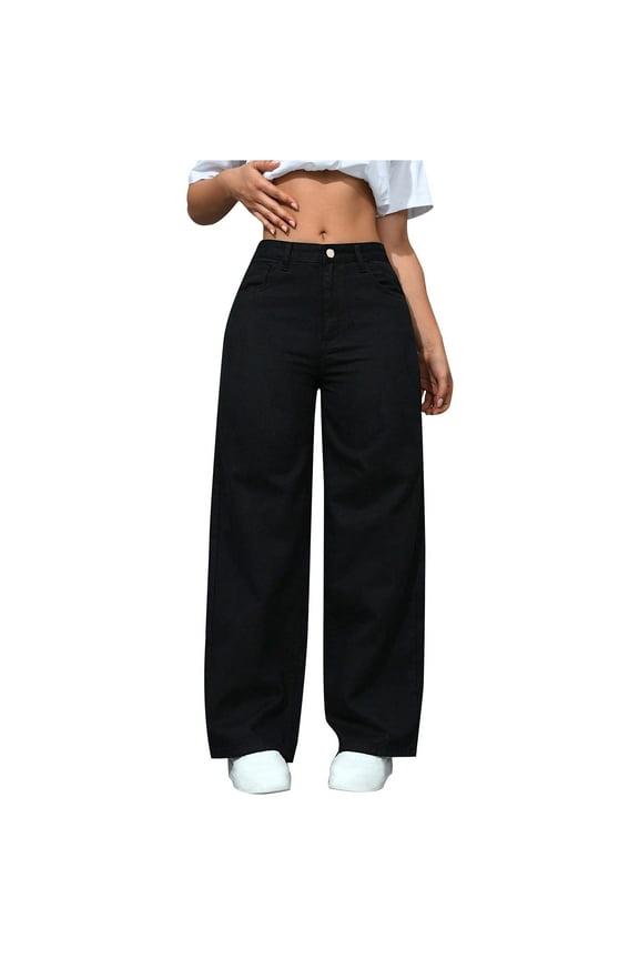 Women's Wide Leg Jeans Casual High Waisted Stretchy Baggy Loose Long Trouser Jeans Loungewear Denim Pants Black S