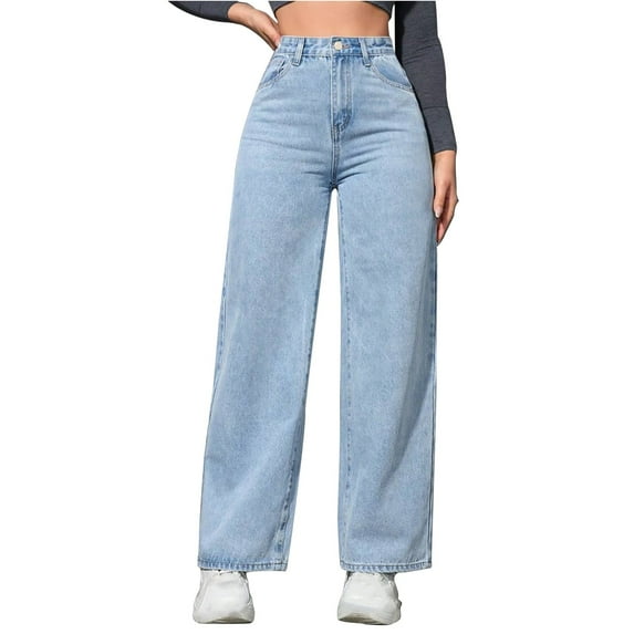 Olyvenn Women's Wide Leg Jeans Casual High Waisted Stretchy Baggy Loose Long Trouser Jeans Loungewear Denim Pants Blue XL