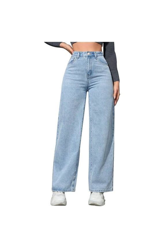 Women's Wide Leg Jeans Casual High Waisted Stretchy Baggy Loose Long Trouser Jeans Loungewear Denim Pants Blue XS