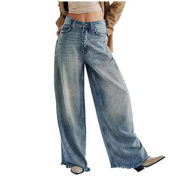 Olyvenn Women's Wide Leg Jeans High Waisted Strechy Hem Denim Pants Baggy Low Waist Boyfriend Jeans Casual Vintage Loose Jeans Y2K Streetwear Blue 8-10