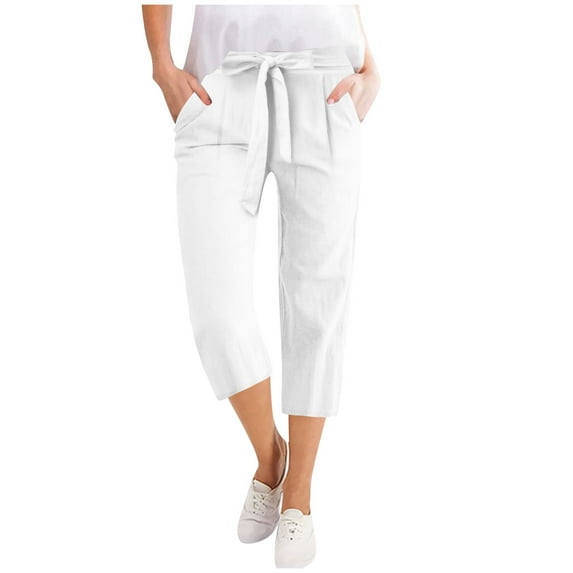 Olyvenn Women's Wide Leg Pants Capris Pants High Waist Casual Lounge Pants Adjustable Tie Business Casual Pants White XL
