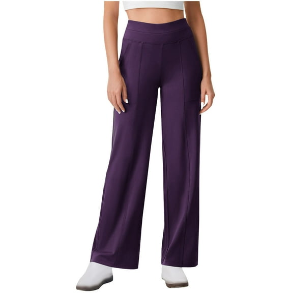 Olyvenn Women’s Wide Leg Yoga Pants with Pockets 29”/31” Stretchy High Waist Pull On Pants Casual Lounge Trousers Purple M