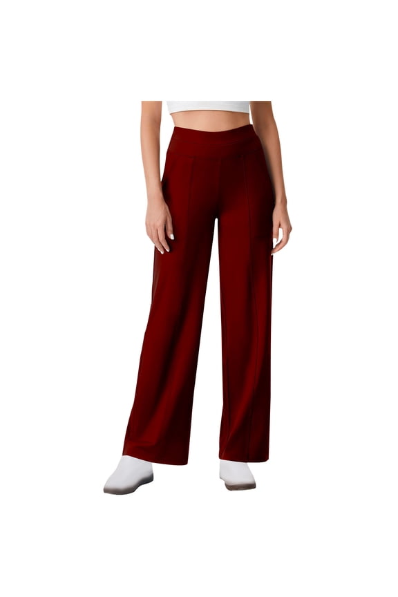 Women’s Wide Leg Yoga Pants with Pockets 29”/31” Stretchy High Waist Pull On Pants Casual Lounge Trousers Wine S
