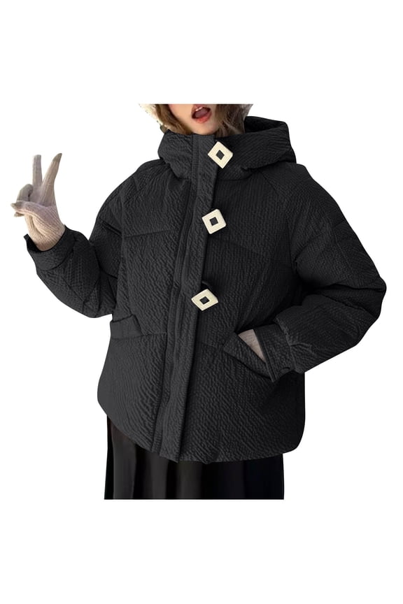 Women's Winter Coat Warm Jacket with Hooded Thicken Coats Ladies Outerwear Oversized Cropped Quilted Puffer Jackets Black L