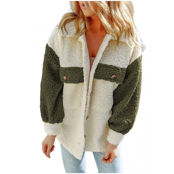 Olyvenn Women's Winter Coats Color Block Lapel Button Down Fleece Sherpa Jacket Casual Trendy Warm Outerwear Army Green XXL