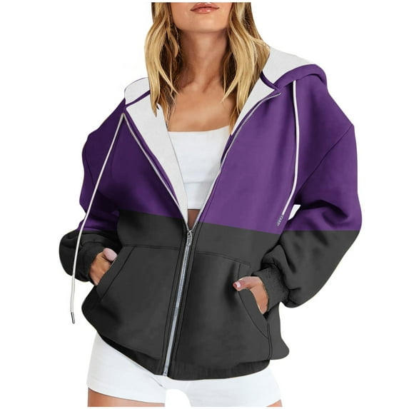 Olyvenn Women's Winter Color Block Hooded Sweatshirt Two-Tone Full Zip Up Outwear with Pockets Warm Fleece Lined Sherpa Coats Oversized Pullover Jackets Purple 14