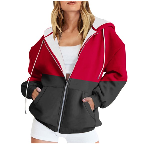 Olyvenn Women's Winter Color Block Hooded Sweatshirt Two-Tone Full Zip Up Outwear with Pockets Warm Fleece Lined Sherpa Coats Oversized Pullover Jackets Red 14
