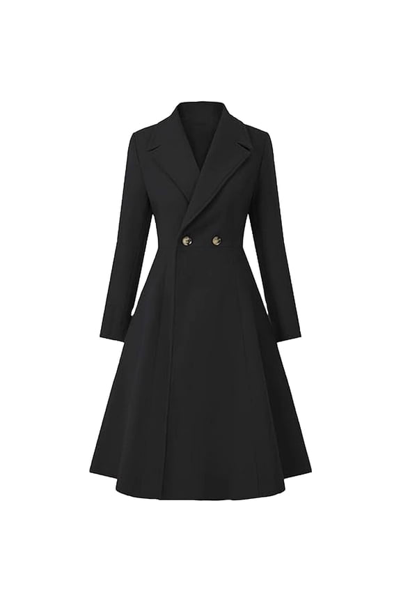 Women's Winter Double Breasted A-Line Pleated Wool Coat Stylish Casual Long Sleeve Turndown Collar Soft Warm Outerwear Suitable for Work Party Vacation Black S
