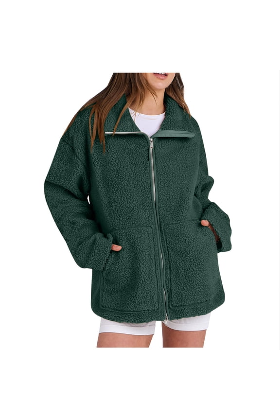 Women's Winter Faux Fur Coats Long Sleeve Lapel Button Down Pockets Fleece Sherpa Jacket Casual Trendy Outerwear Green L