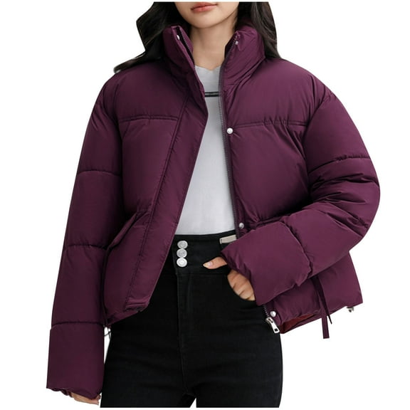 Olyvenn Women's Winter Jacket Zippers Solid Color Thicken Warm Short Cotton Jacket Hooded Parkas Padded Coats Purple XXL