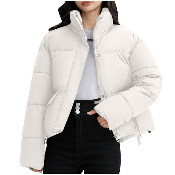 Olyvenn Women's Winter Jacket Zippers Solid Color Thicken Warm Short Cotton Jacket Hooded Parkas Padded Coats White XL