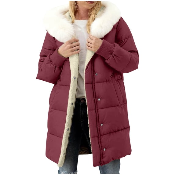 Olyvenn Women's Winter Long Coat Long Sleeve Jacket Hooded Detachable Hat Collar Pockets Fashionable Casual Comfortable Regular Fit Outerwear Daily Use Wine XXL