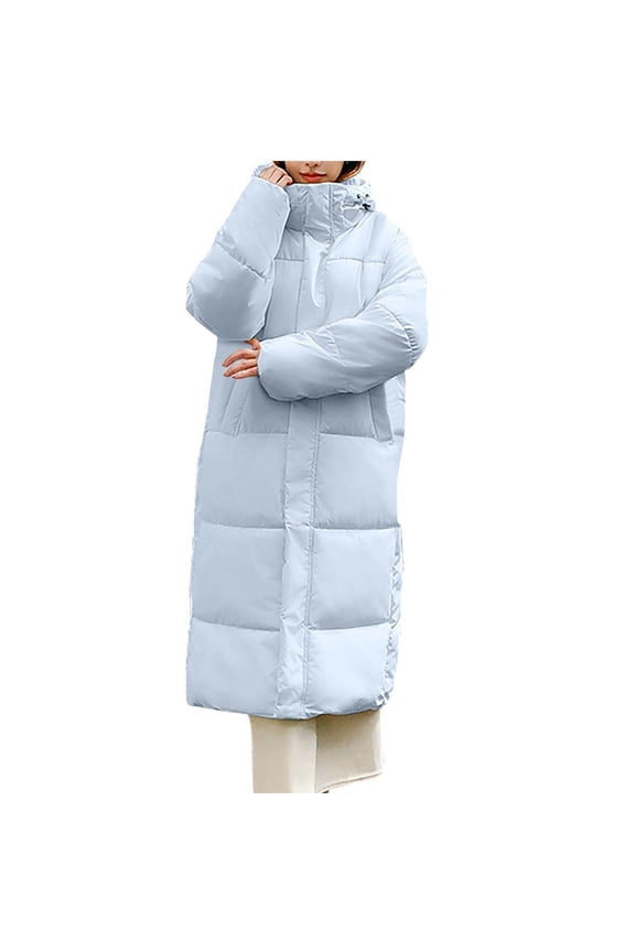Women's Winter Long Hooded Puffer Jacket, Quilted Warm Padded Down Coats Thickened Insulated Outerwear with Pockets Blue L