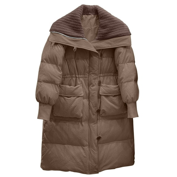 Olyvenn Women's Winter Long Puffer Coats Zip Up Casual Thickened Down Jackets Trendy Warm Overcoat with Pockets Khaki S
