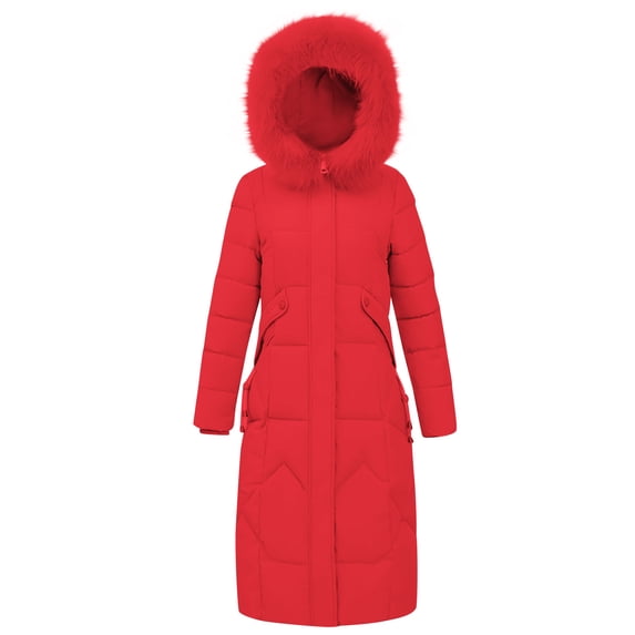 Olyvenn Women's Winter Puffer Coat Long Faux Fur Hooded Snow Jacket Thicken Thermal Down Outwear for Cold Freezing Weather Red XXXL