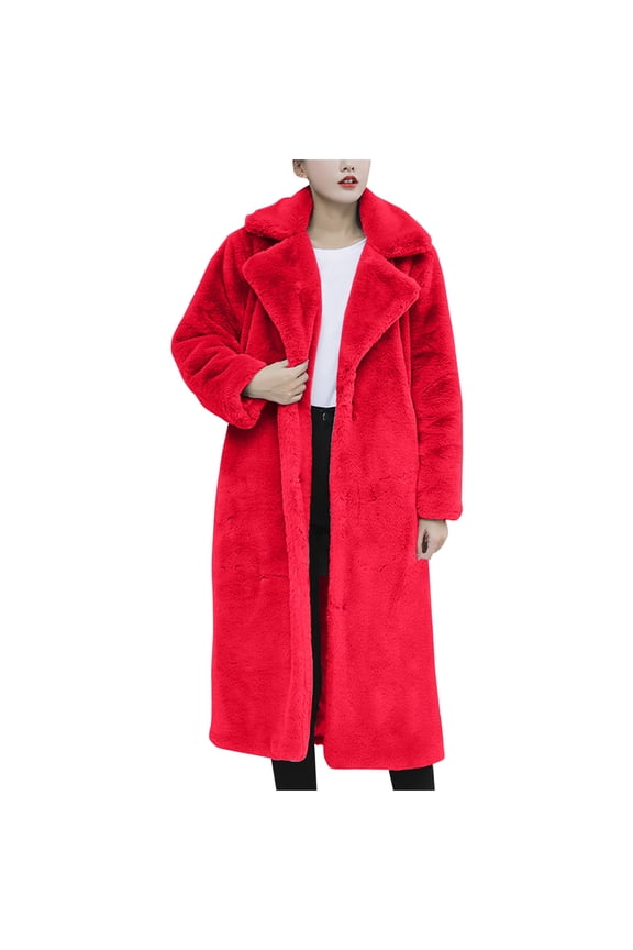 Women's Winter Warm Long Overcoat Faux Fur Coat Fluffy Plush Outerwear Mid-Length Thickened Warm Coat Solid Color Lapel Long Sleeve Overcoat Red 6