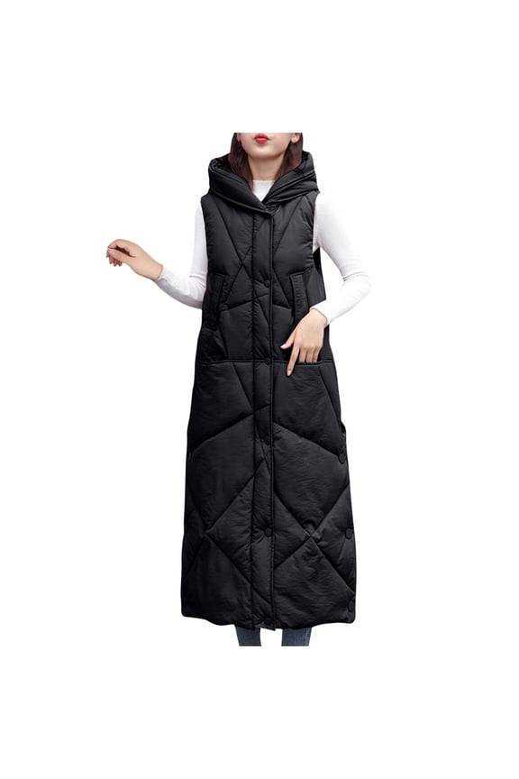 Women's Winter Warm Long Vest Hooded Sleeveless Button Down Gilet Puffer Jacket Coat with Pockets Black 6