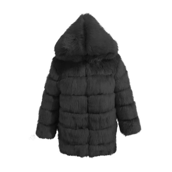 Olyvenn Women's Winter Warm Outwear Hooded Faux Fur Fluffy Long Sleeve Fluffy Overcoat Solid Color Thickening Coat Plus Size Fluffy Jacket Black 8