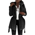 thumbnail image 1 of Olyvenn Women's Winter Warm Ruffled Hooded Coat Waist Faux Leather Trench Hood Coat Length Thick Faux Lamb Jacket Coat Black XL, 1 of 8