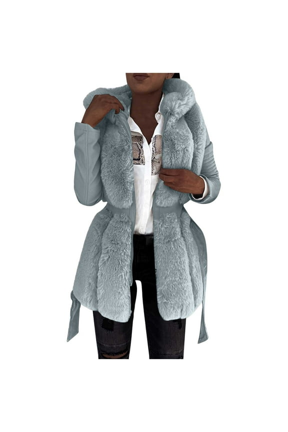 Women's Winter Warm Ruffled Hooded Coat Waist Faux Leather Trench Hood Coat Length Thick Faux Lamb Jacket Coat Gray M