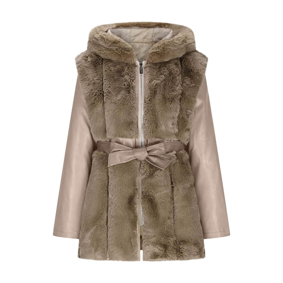 Olyvenn Women's Winter Warm Ruffled Hooded Coat Waist Faux Leather Trench Hood Coat Length Thick Faux Lamb Jacket Coat Khaki XXL