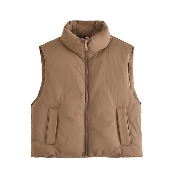 Olyvenn Women's Winter Warm Stand Collar Sleeveless Vest Solid Color Zipper Pockets Puffer Jacket Gilet Outwear Coats Plus Size Brown 8