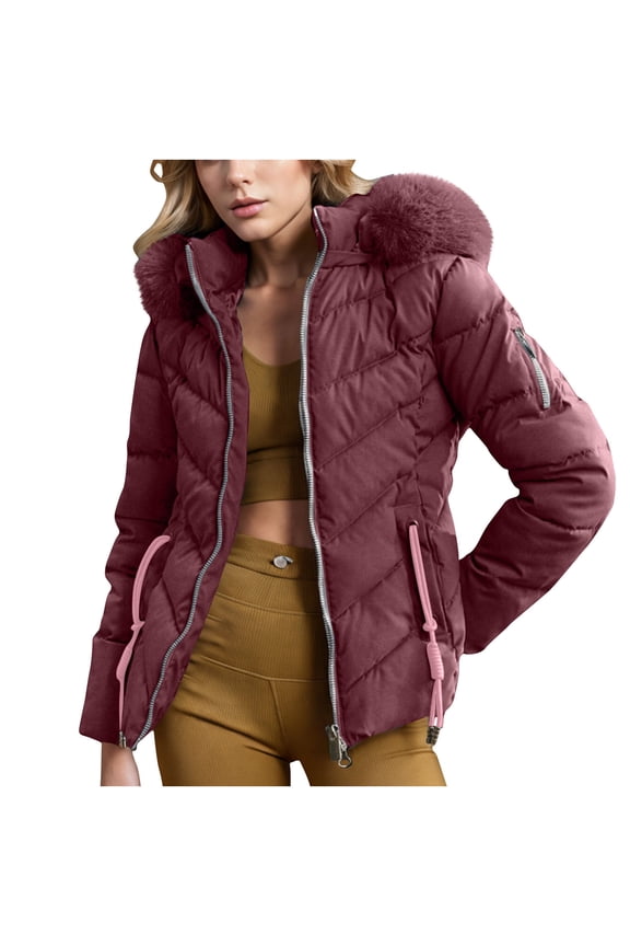Women's Winter Warm Thickened Quilted Puffer Jacket Zipper Pockets Bubble Coat with Removable Hood Faux Fur Collar Wine XL