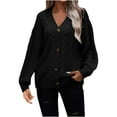 thumbnail image 1 of Olyvenn Women's Winter Warm V-Neck Long Sleeve Button Down Chunky Oversized Cable Knitted Cardigan Sweater with Pockets Black 8, 1 of 8